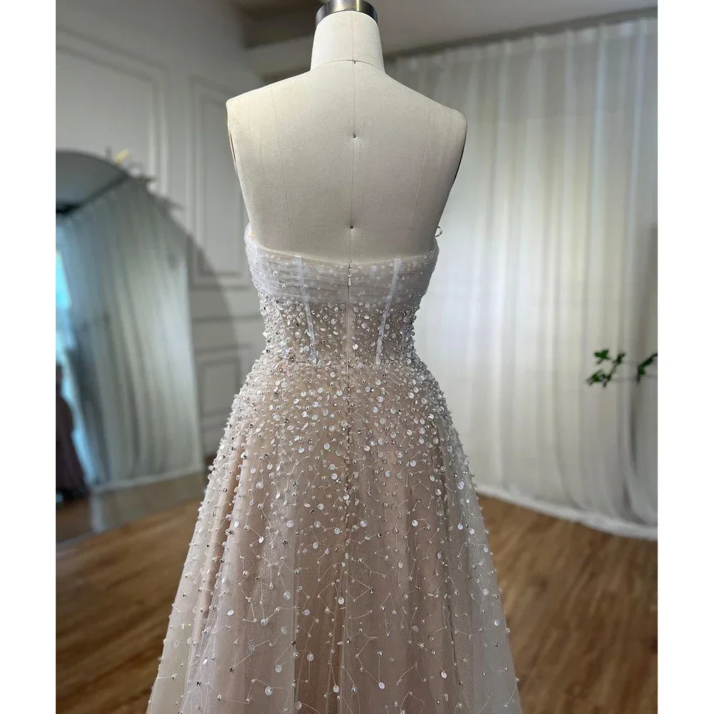 SILIWEYA Pearls Strpless Prom Dress Beige Beaded Elegant A Line Long Evening Dresses Gowns for Women Wedding Party 2024