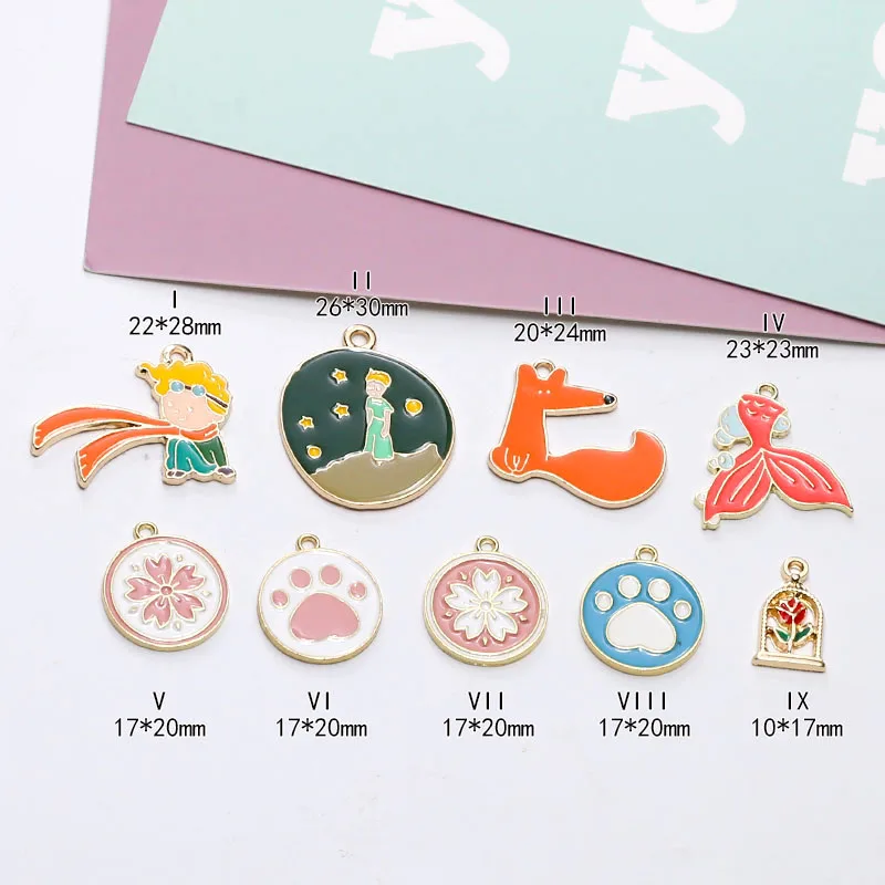 10pcs Diy Accessories Cartoon Alloy Little Prince Rose Little Fox Cherry Cat Claw Fish Tail Pendant Handmade Charms