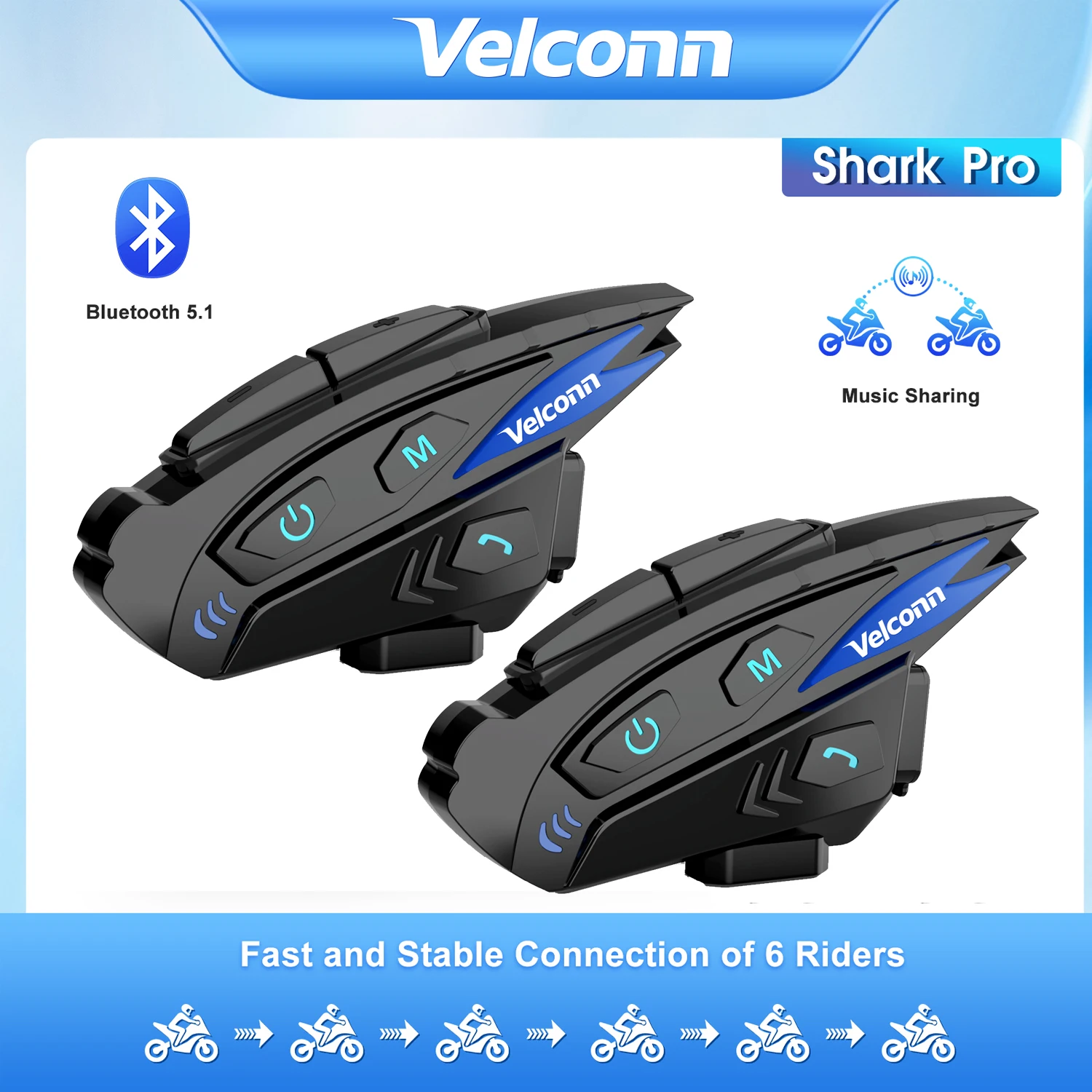 

Velconn 2Pcs Shark Pro Motorcycle Motorcycle Helmet Bluetooth Headset 1000M Full Duplex For 6 Riders Music Sharing FM Radio IP65