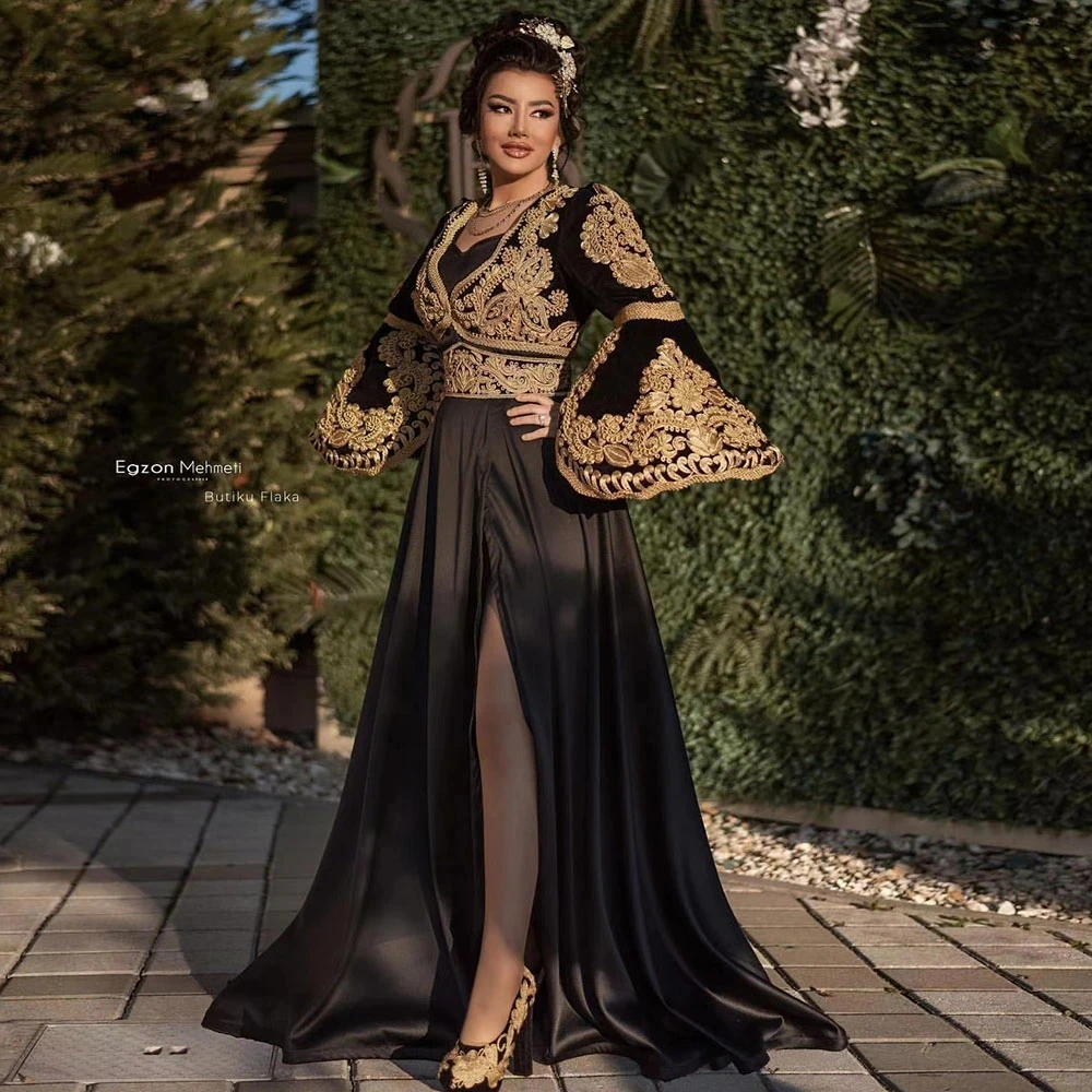 Traditional Kosovo Albanian Evening Dresses black Flared Sleeves gold Lace Applique prom occasion gown Robe De SoiréeCustomized