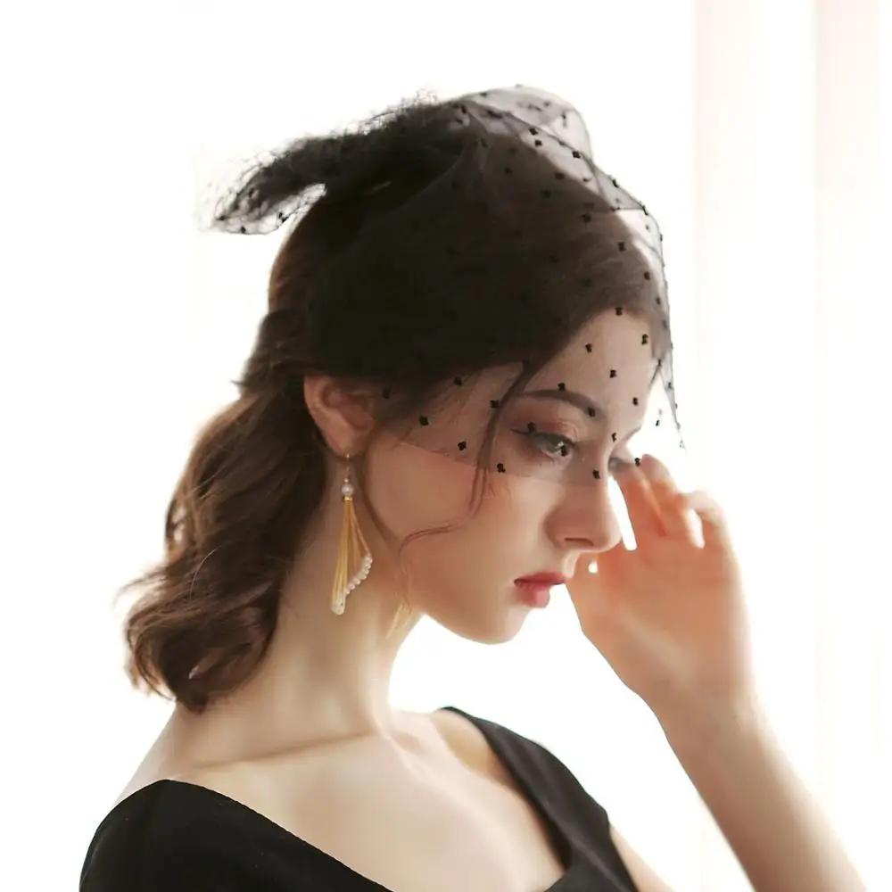 Accesorios para el cabello para novia, velo de cabeza de jaula de tul con lazo, punto negro y blanco, Estilo Vintage, Mini sombrero de novia para boda