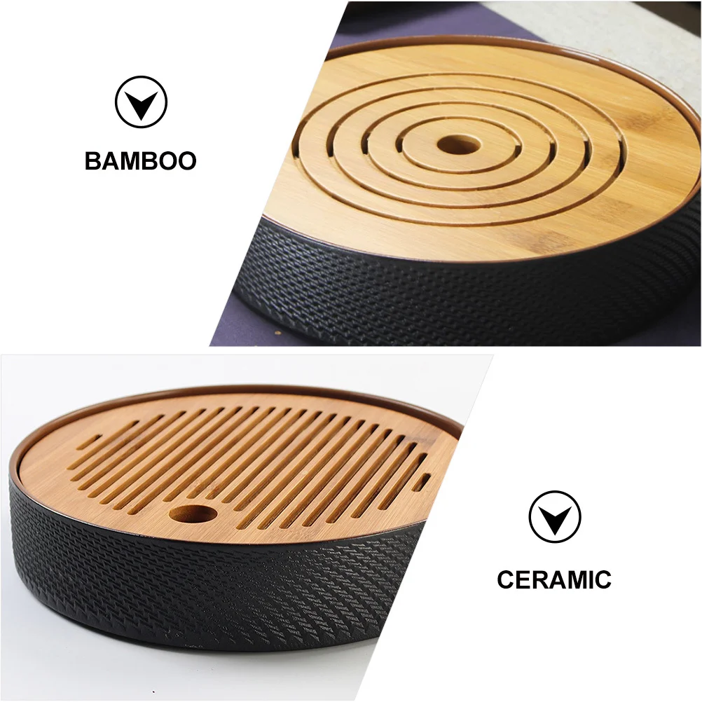 

1Pcs Round Tea Tray Double Layer Drain Tray for Cup Washing and Drying Premium Bamboo Ceramic Material Kitchen Draining Plate