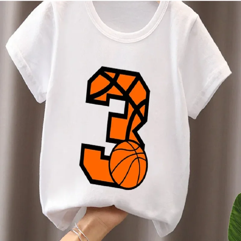 Summer Happy Birthday Basketball Print Number Bow Kids T shirt 1-9Years Cartoon Funny Baby Boys T-Shirts Girls Clothes Tops