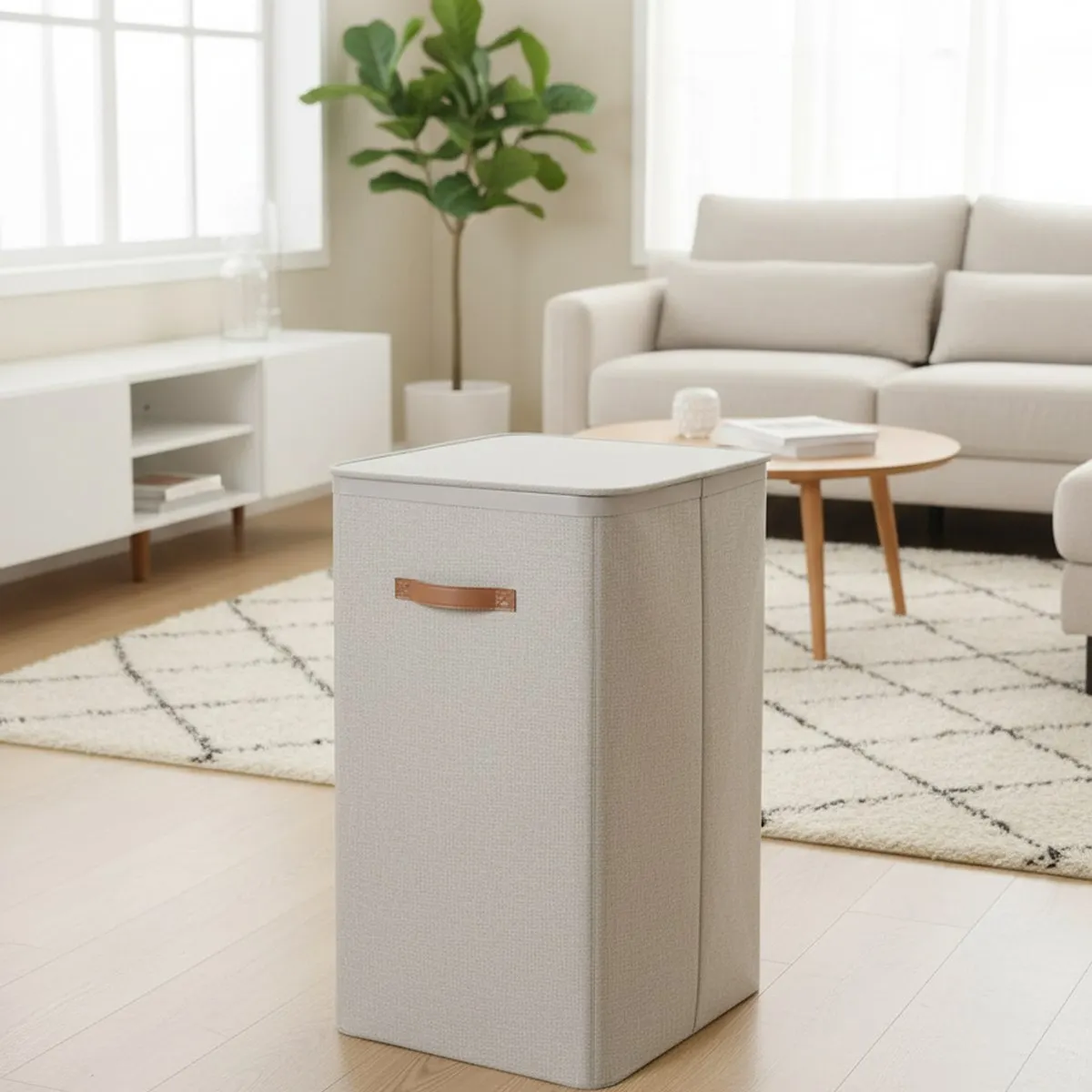 Large Collapsible Laundry Hamper 2 Section Clothes Storage Bin with Lid Handles Beige