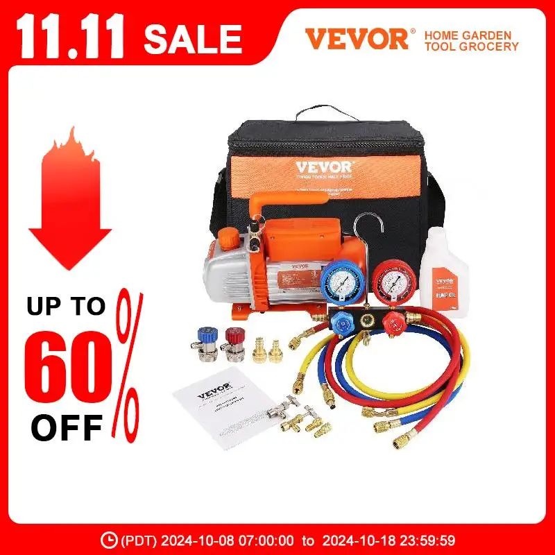 VEVOR 1/5HP 3.5CFM Vacuum Pump and Gauge Set Single Stage HVAC Air Vacuum Pump A/C Refrigerant Kit Applicable to R134a & R1234yf