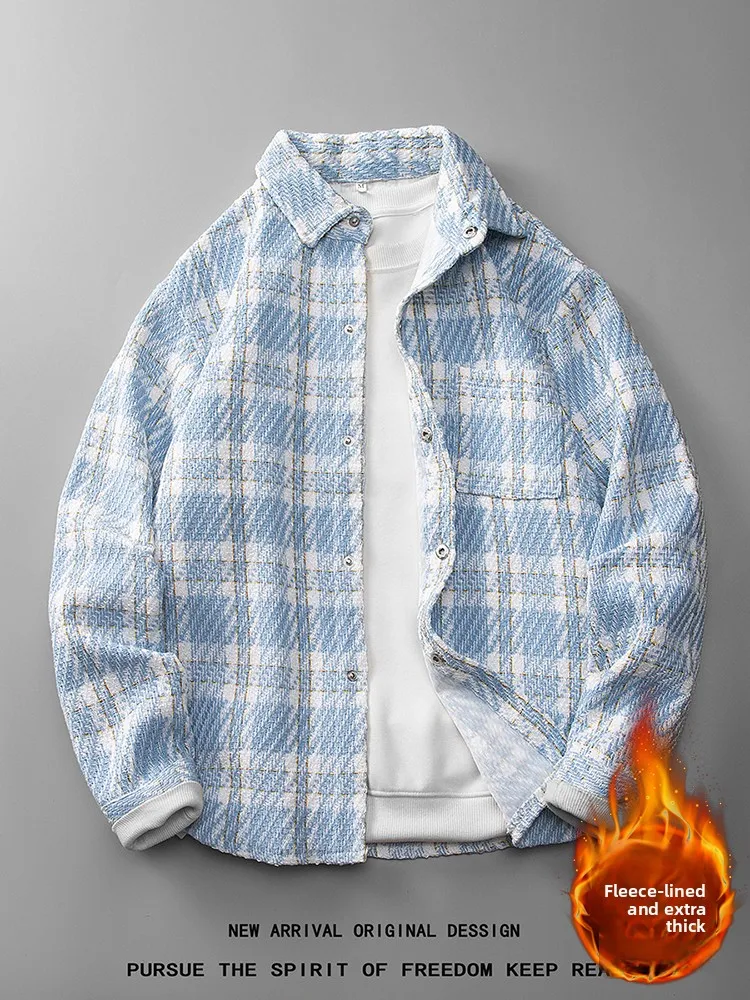 

Autumn Winter Men's Thiened Fce Lined Oversized Casual Faioned Plaid Jaet Luxury Feel Fraance Sle Outerwear Coat