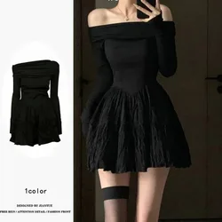 Y2K Korean Black Sexy Skinny One Shoulder Full Sleeves Pleated Mini Dress Women Stylish Slim Elegant Sexy Nightclub Wear Bodycon