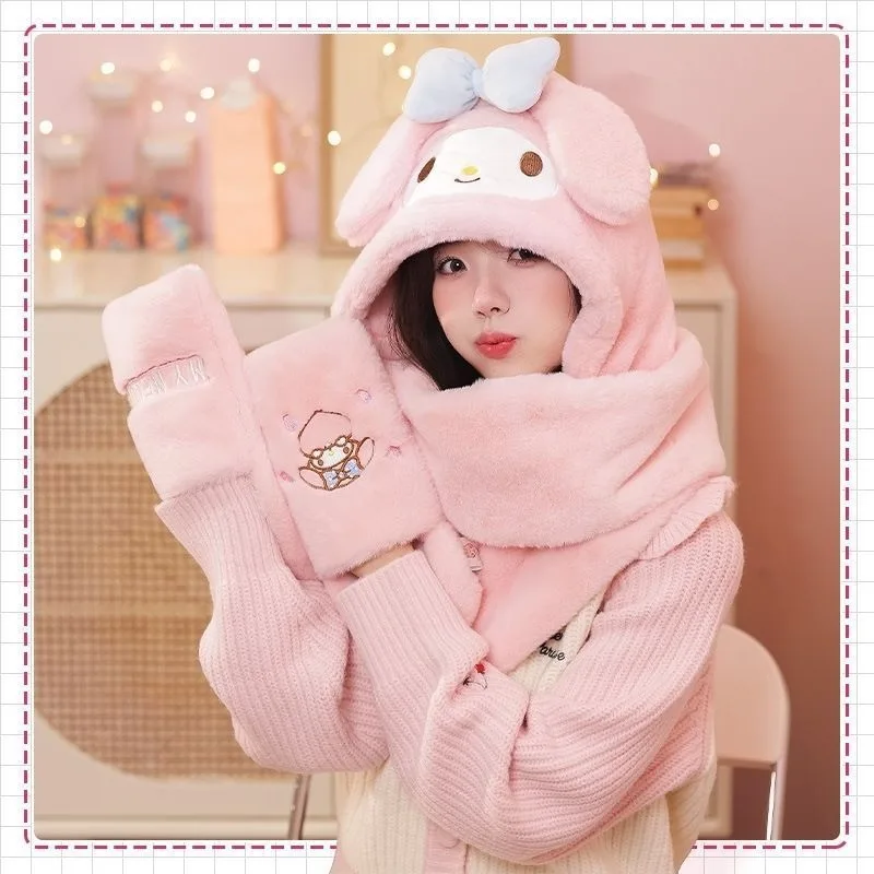 Sanrio sweet My melody Cinnamoroll Kuromi cute creative cartoon pattern embroidery soft plush warm hat scarf gloves all in one