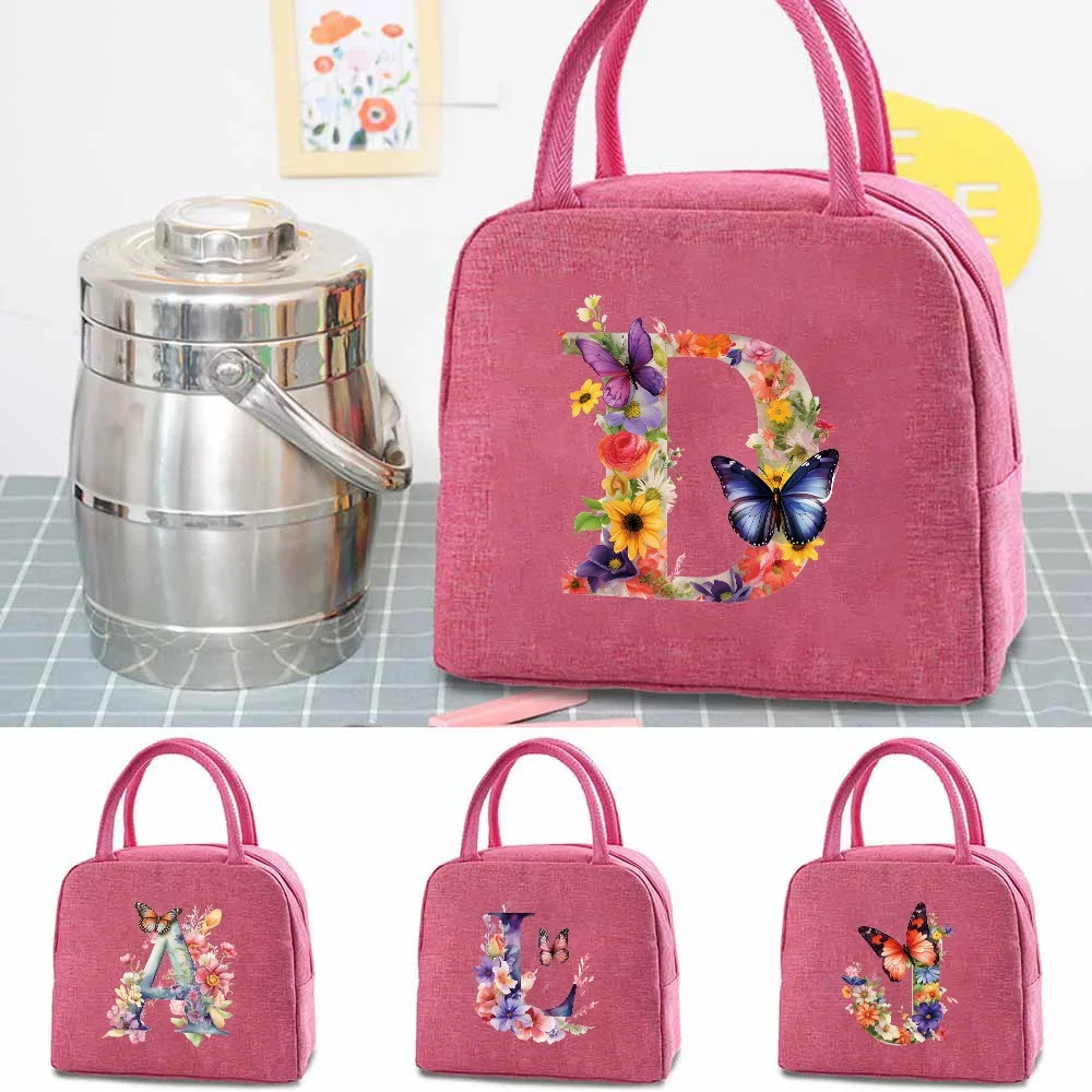 Lunch Handbags Insulated Cooler Portable Canvas Lunch Box Food Lunch Picnic Dinner Bags Men Women Butterfly Letter Pattern