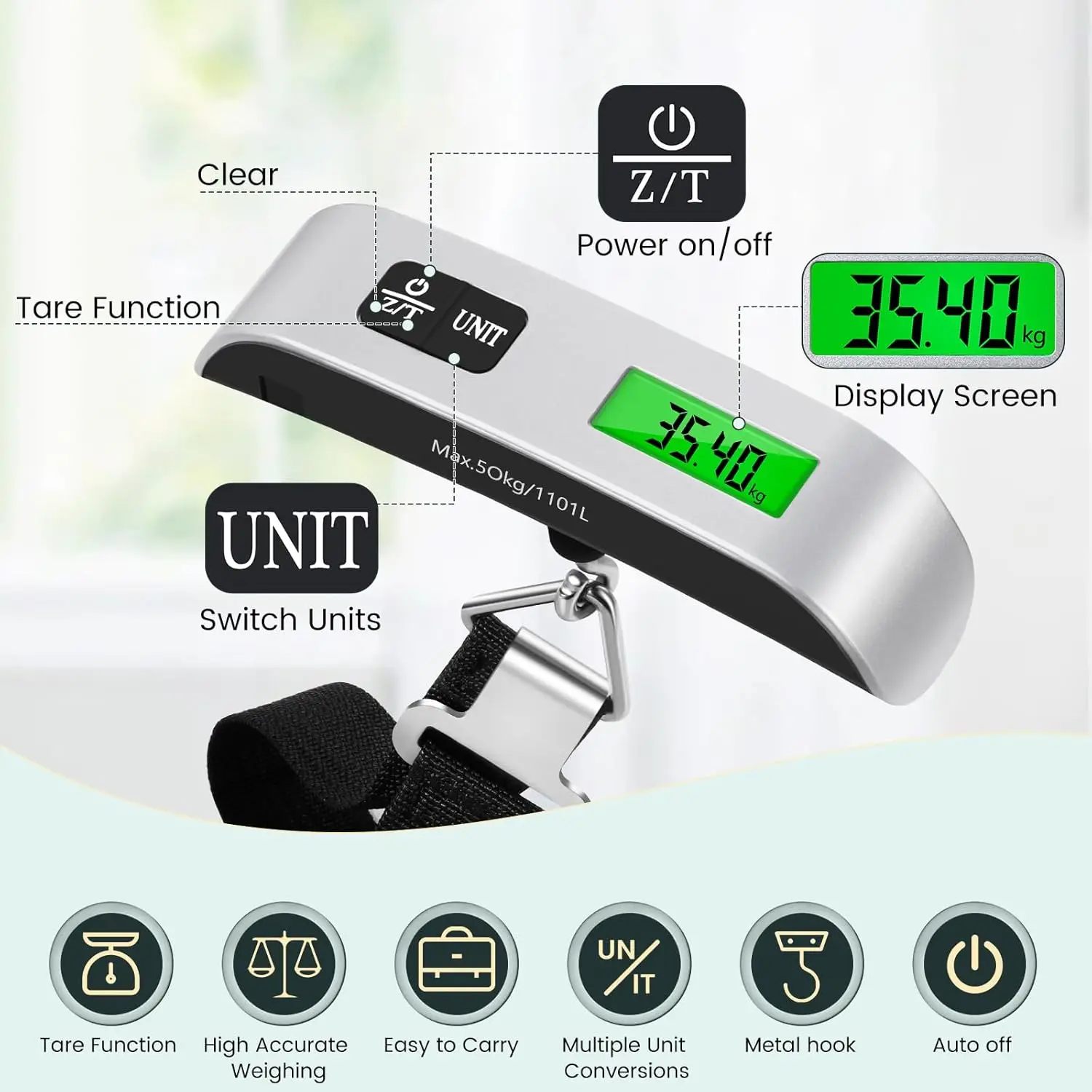 موازين الأمتعة الرقمية مع خطافات، موازين الأمتعة الإلكترونية المحمولة 50 كجم/110 رطل، موازين رقمية وظيفة الفارغة، رقمية عملية #2