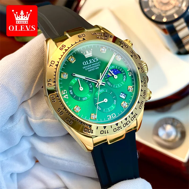 OLEVS-Relógio de pulso militar dourado verde masculino, relógios de quartzo, impermeável, luminoso, fase da lua, relógios