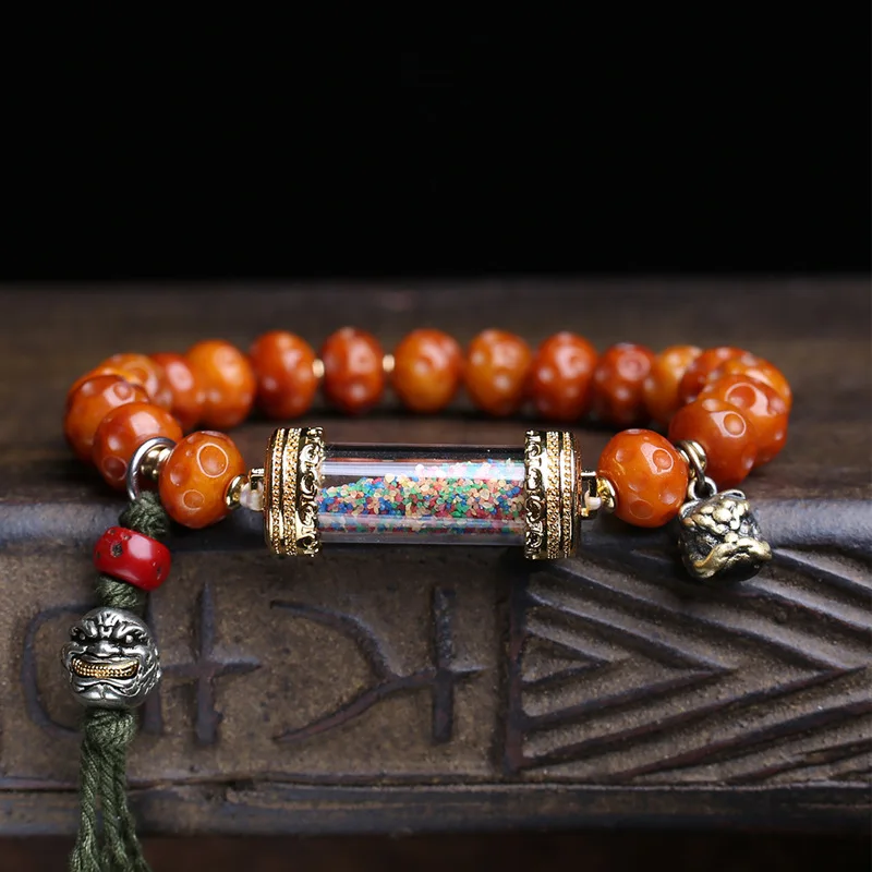 Yak Bone Carving Meteorite Crater Bracelet Single-Strand Honest Sand Tube-Shaped Material Dice Copper Lion Dance Accessori