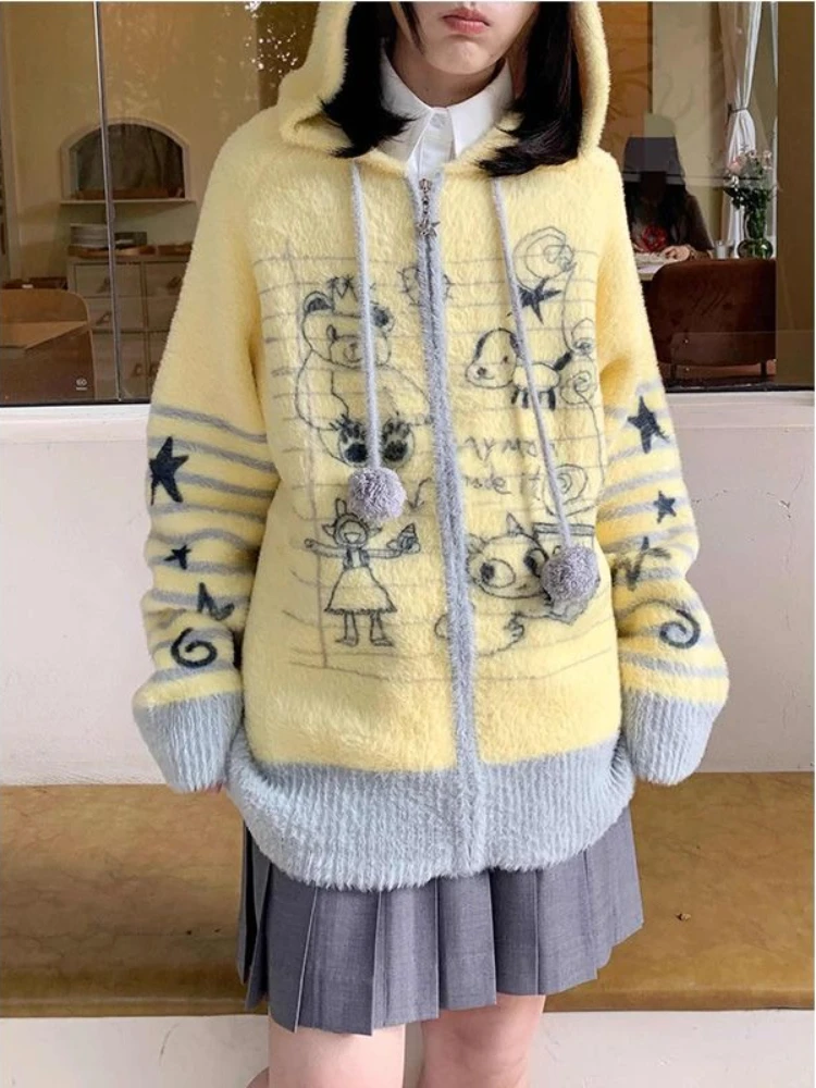 Damski sweter w stylu American Vintage z nadrukiem słodkiego graffiti, słodki kawaii, oversize, z kapturem, zimowy, dziergany, modny, dopasowany kardigan, nowy.