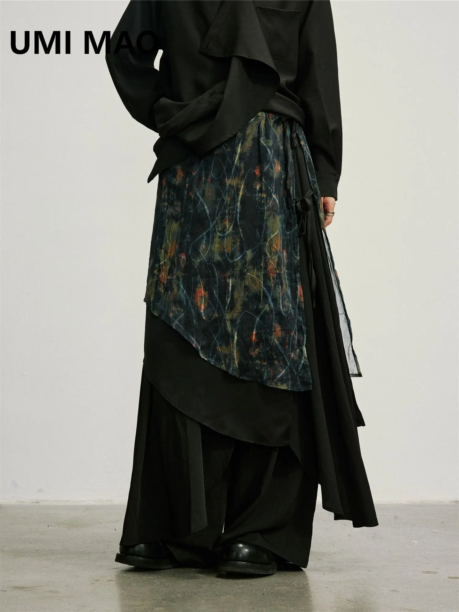 UMI MAO المتخصصة تصميم الفني طباعة طبقة مزدوجة ميدي تنورة تنوعا منتصف طول الطبقات تنورة المئزر فام