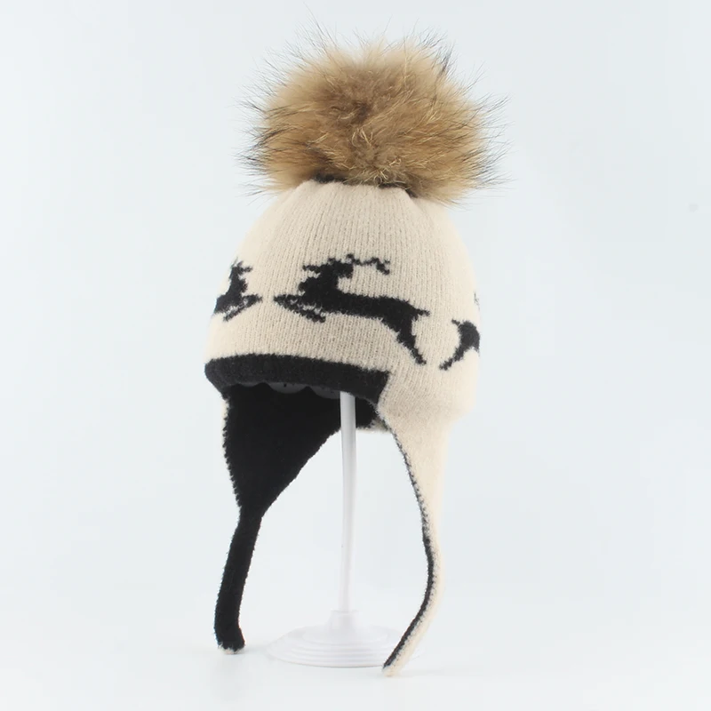 Kids Winter Beanie Hats Boy Girl Baby Real Fur Pompom Hat Cute Deer Jacquard Wool Knitted Hat Children Ear Protection Warm Caps