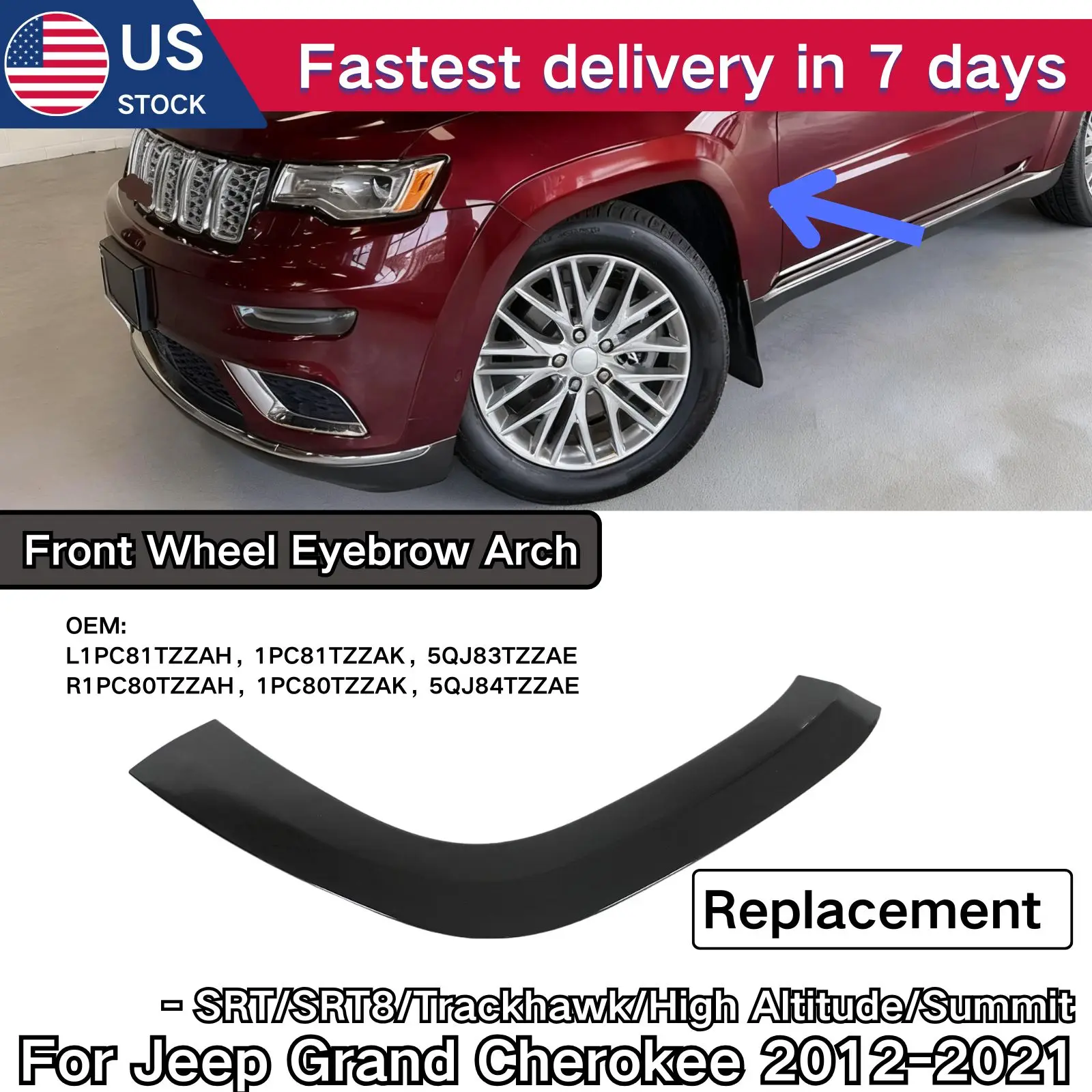 For Jeep Grand Cherokee SRT/SRT8/Trackhawk/High Altitude/Summit 2012-2021 Front Wheel Eyebrow Arch Replacement Parts Plastic