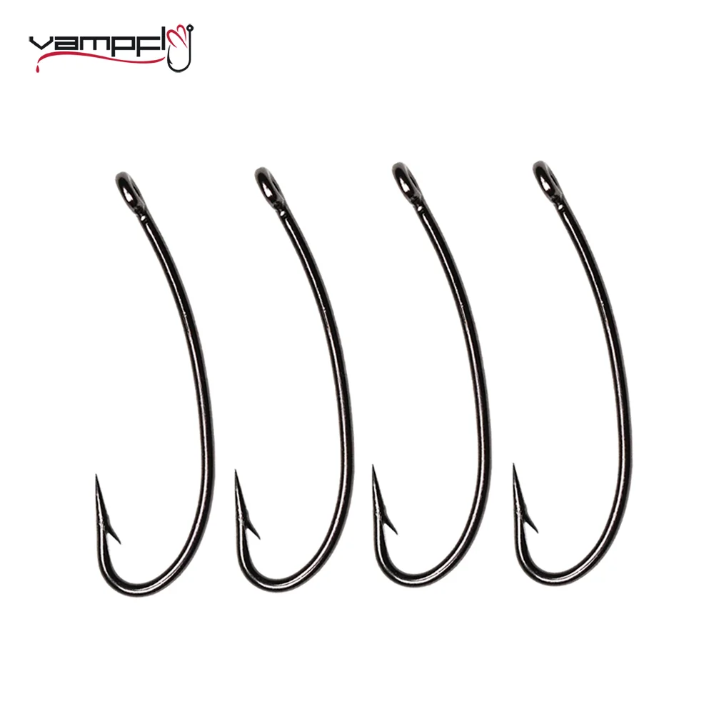 Vampfly 50pcs 3X Curve Shank Barbed Hook Stimulator Stonefly Nymph Salmon Fly Fishing Hook Black Nickle Fly Tying Hook #4 ~ #20