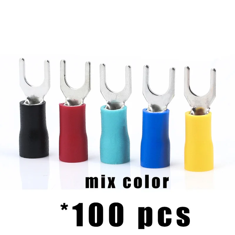 100Pcs/Lot fork type wire spring terminal SV2-4 1.5-2.5mm² U Y brass insulated spade crimping wire cable connector AWG16-14