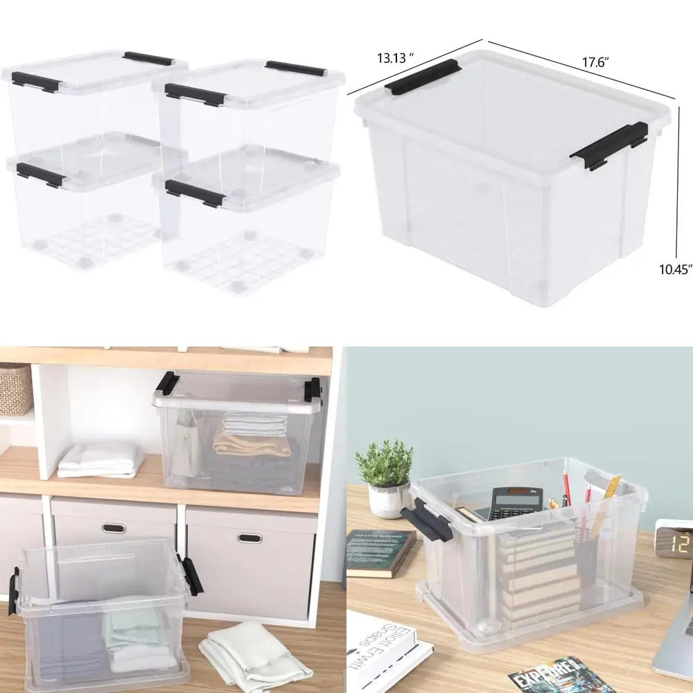 

Набор из 4 больших прозрачных пластиковых ящиков для хранения с колесами и крышками.