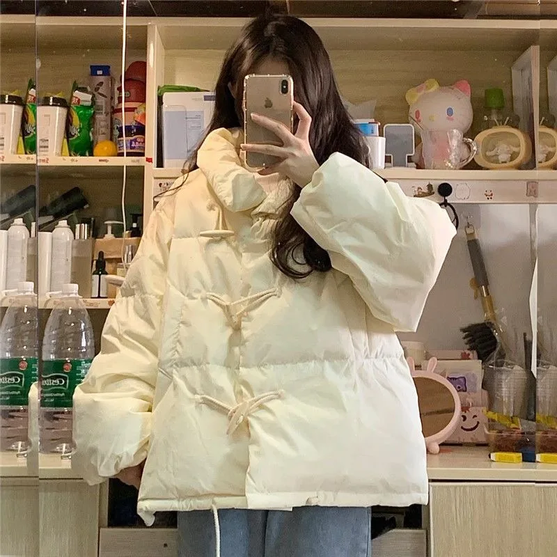 Parka con design con fibbia in corno Donna Colletto alla coreana solido Studentesse Chic Cappotti invernali in cotone caldo addensato allentato Alla moda Ulzzang