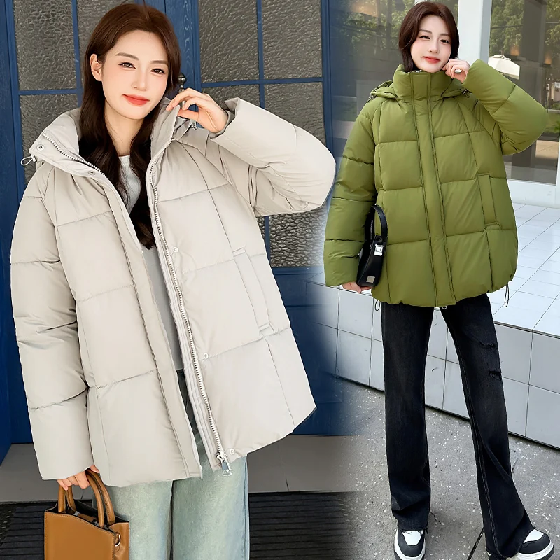 Female Winter Hooded Parka Jacket Ladies Solid Insulated Mid Length Overcoat Long Sleeve Baggy Fit Casual Outer Layer Garment