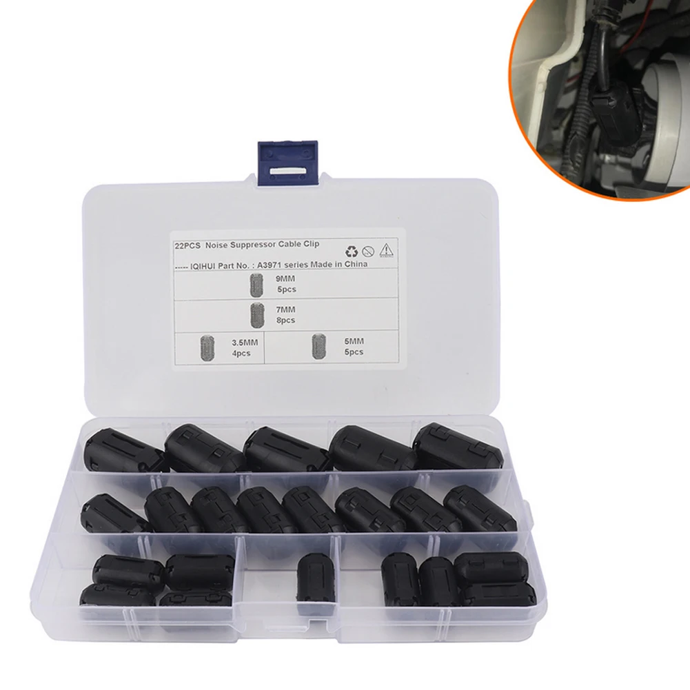 22Pcs Clip On Ferrite 3.5mm/5mm/7mm/9mm Cable Connector Clamp Anti-Jamming Toroidal Clip-on Clamp RFI EMI Noise Magnetic Filter