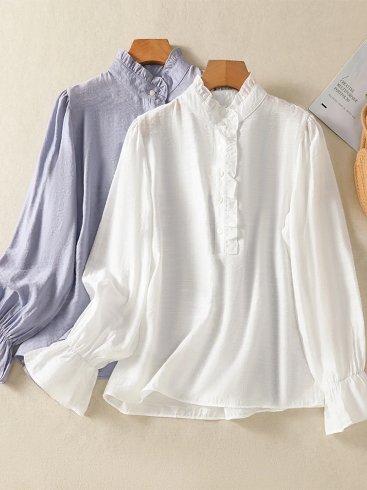 

Korean Style Pure Color Artistic Slim Fit Cotton Linen Shirt Women's Petal Sleeve Design Sense Wood Grain Shirt