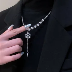 WANZHI Snowflake Tassel Pendant Necklace for Women Simple Full Diamond Sweater Chains Korean Fashion Jewelry Accessories