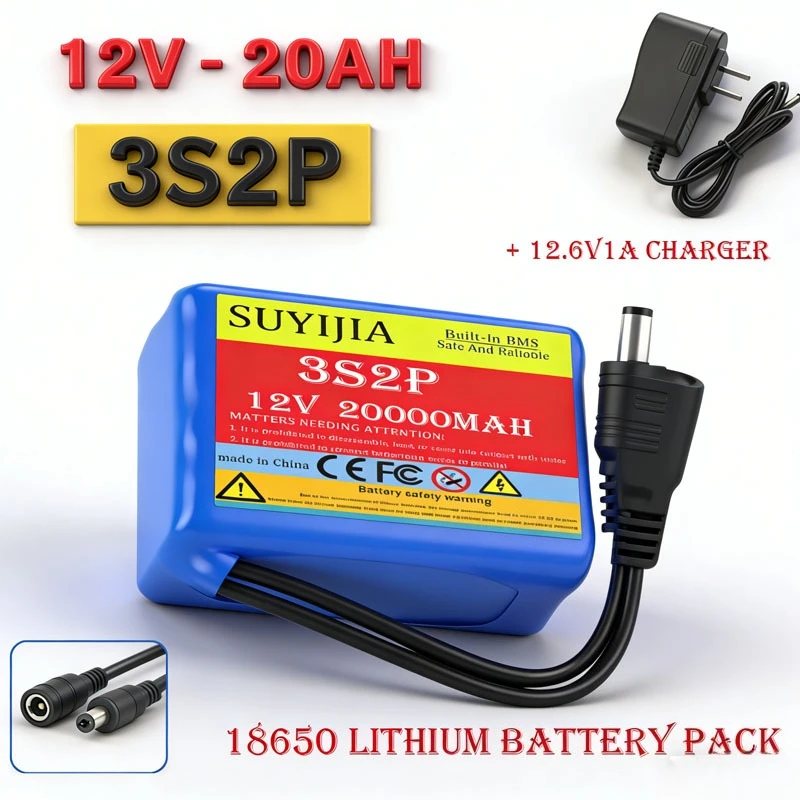 12V 20Ah-50Ah 3S5P 18650 Lithium Ion Battery Pack with BMS + Charger Super Large Capacity Rechargeable DC12.6V