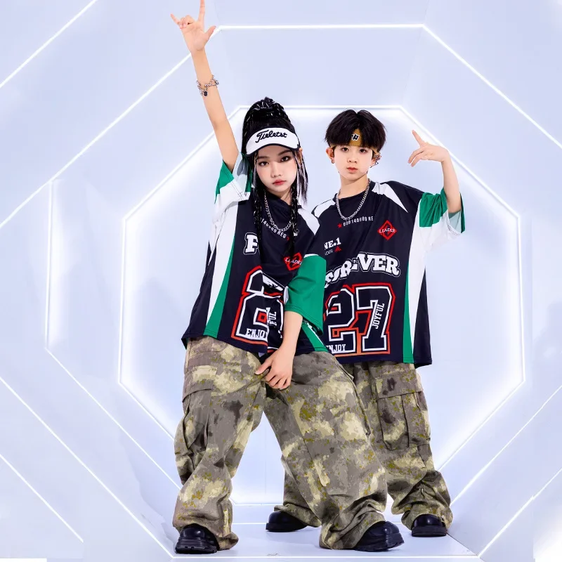 Costume de danse Hip Hop pour filles, haut imprimé, pantalon Cargo de Camouflage pour garçons, vêtements de spectacle de rue Jazz