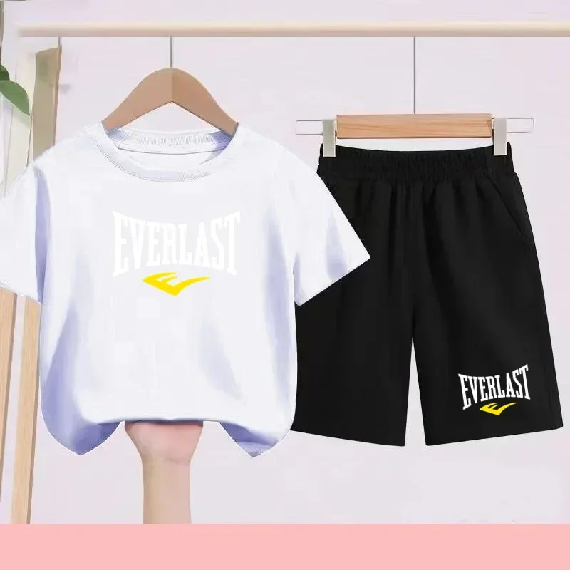 

2026 Summer Kids 2Pcs Outfit Short Sleeve Printed T-shirt+Pants Tracksuit, Soft Cotton Sports Set for Boys Girls 7-13Y