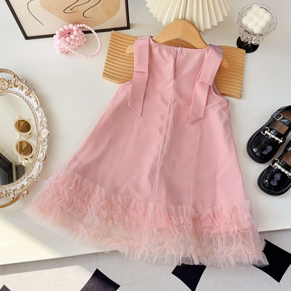 Bear Leader Summer Baby Girls Birthday Princess Dress Korean Version Bow Sleeveless Mesh Wedding Party Wear Sweet Kids Clothes