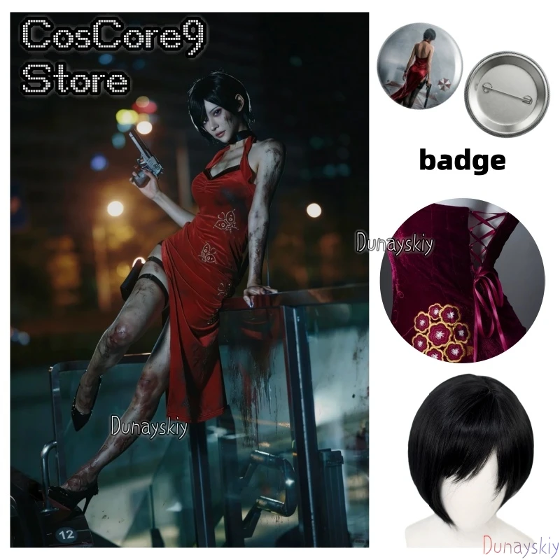 

RE4 Remake Ada Wong Cosplay Costume Dress Cheongsam High Slit Sexy Red Ada Wig Halloween Carnival Suit Women Game Outfit
