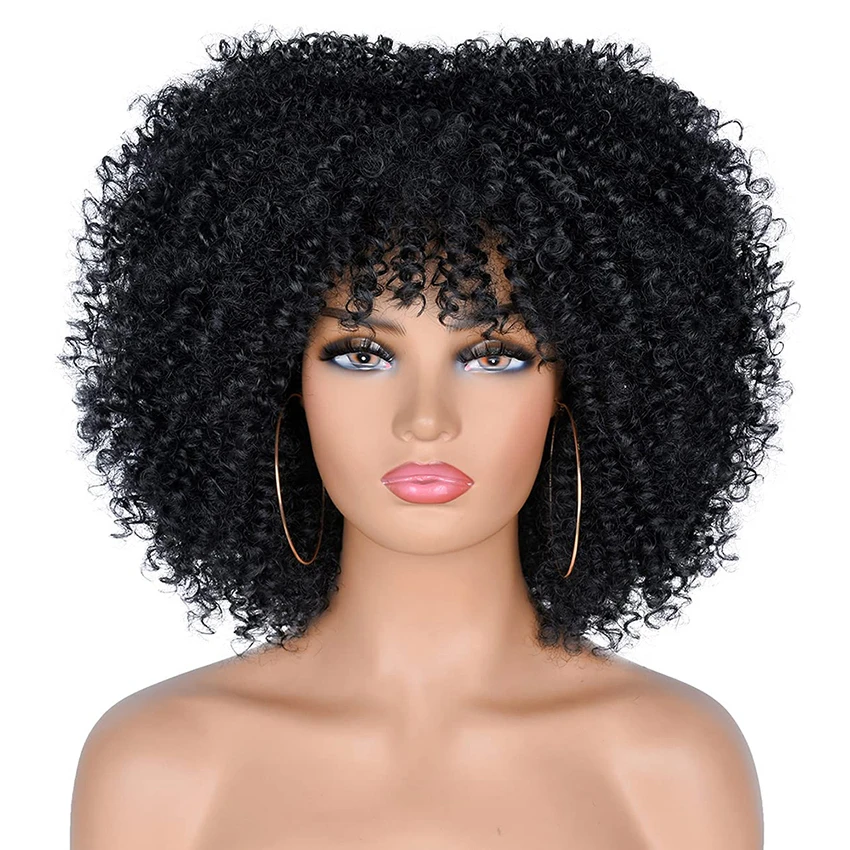

Afro Kinky Curly Wig for Black Women Black Short Curly Afro Wigs with Bangs 14 Inch Synthetic Curly hair Wig for Daily Use