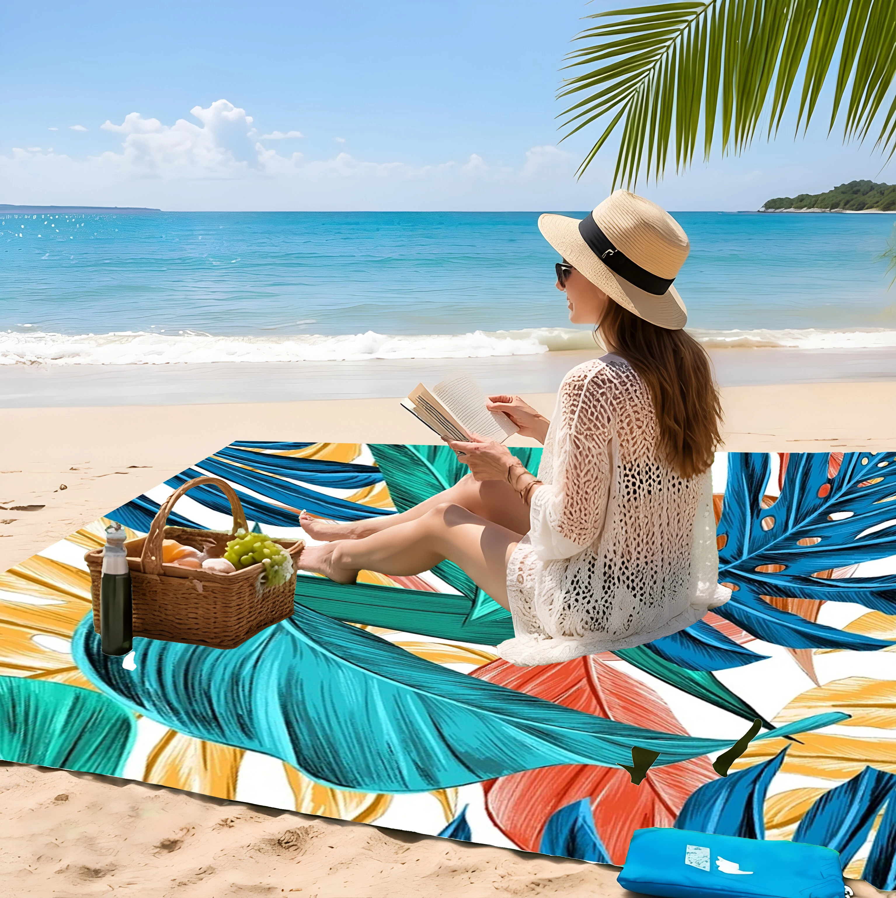 

200x240cm Extra Large Palm leaf Beach Mat Sandproof Waterproof Lightweight Outdoor Picnic Blanket for Beach Camping Trave