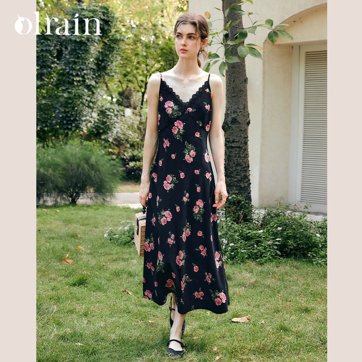 

OLrain Women Suspender Dresses 2026 Summer Fashion Sexy Style French Black Rose Print V-Neck Legant Party Dresses N57XL96025