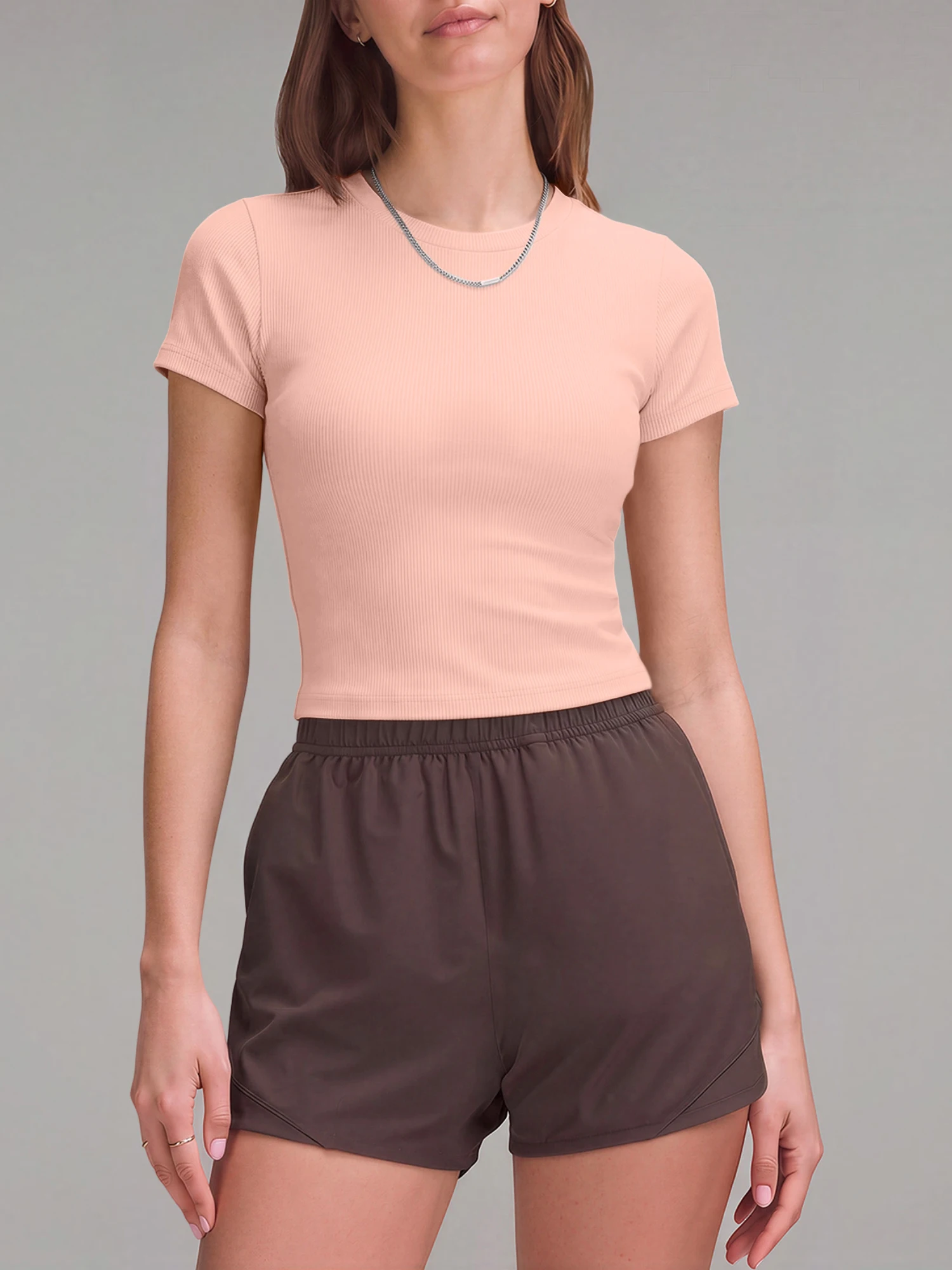 Streamlined Fit Ribbed Active Crop Top, Supple Short‑Sleeve Crew Neck Shirt for Outdoor Cardio and Fitness Enthusiasts