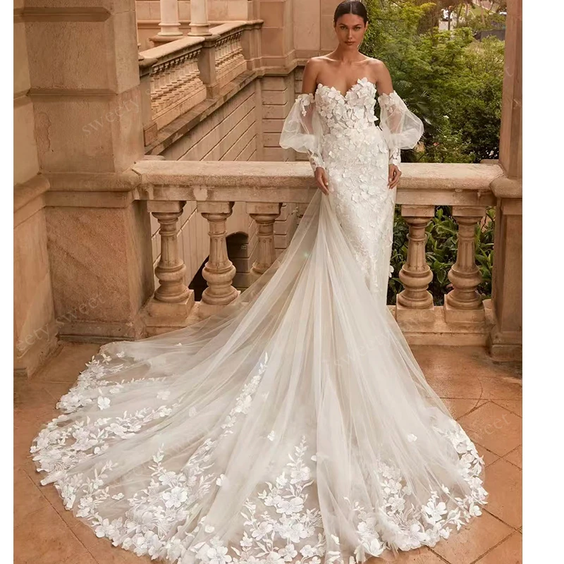 

Detachable Train Wedding Dress Organza With Embroidery Mermaid Ballgown Puff Sleeves Strapless Customized Bride Vestido De Novia