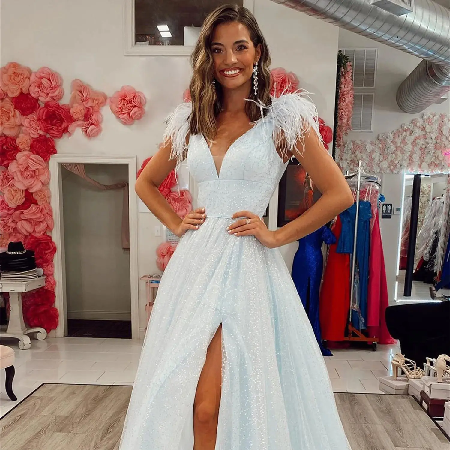 

Aileen White Feather Wedding Dress V-neck Side Slit Special Occasion Dresses for Formal Occasions Evening Gown Sharon Said Prom