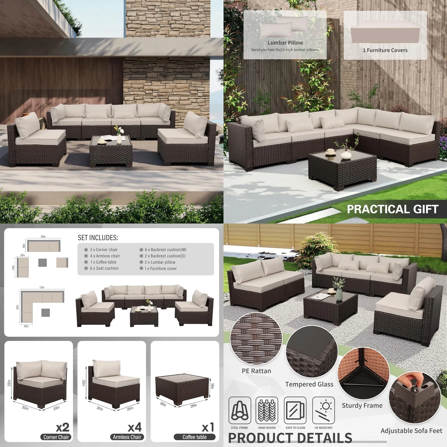 

7pc Brown PE Rattan Sectional Sofa Set with Coffee Table Anti-Slip Thick Cushion Outdoor Patio Garden Use Customized