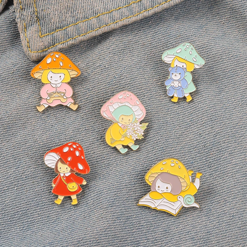 Mushroom Girls' Daily Enamel Pins Custom Kids Plant Brooches Lapel Badges Pin Bag Cartoon Reading Book Jewelry Gift for Friends