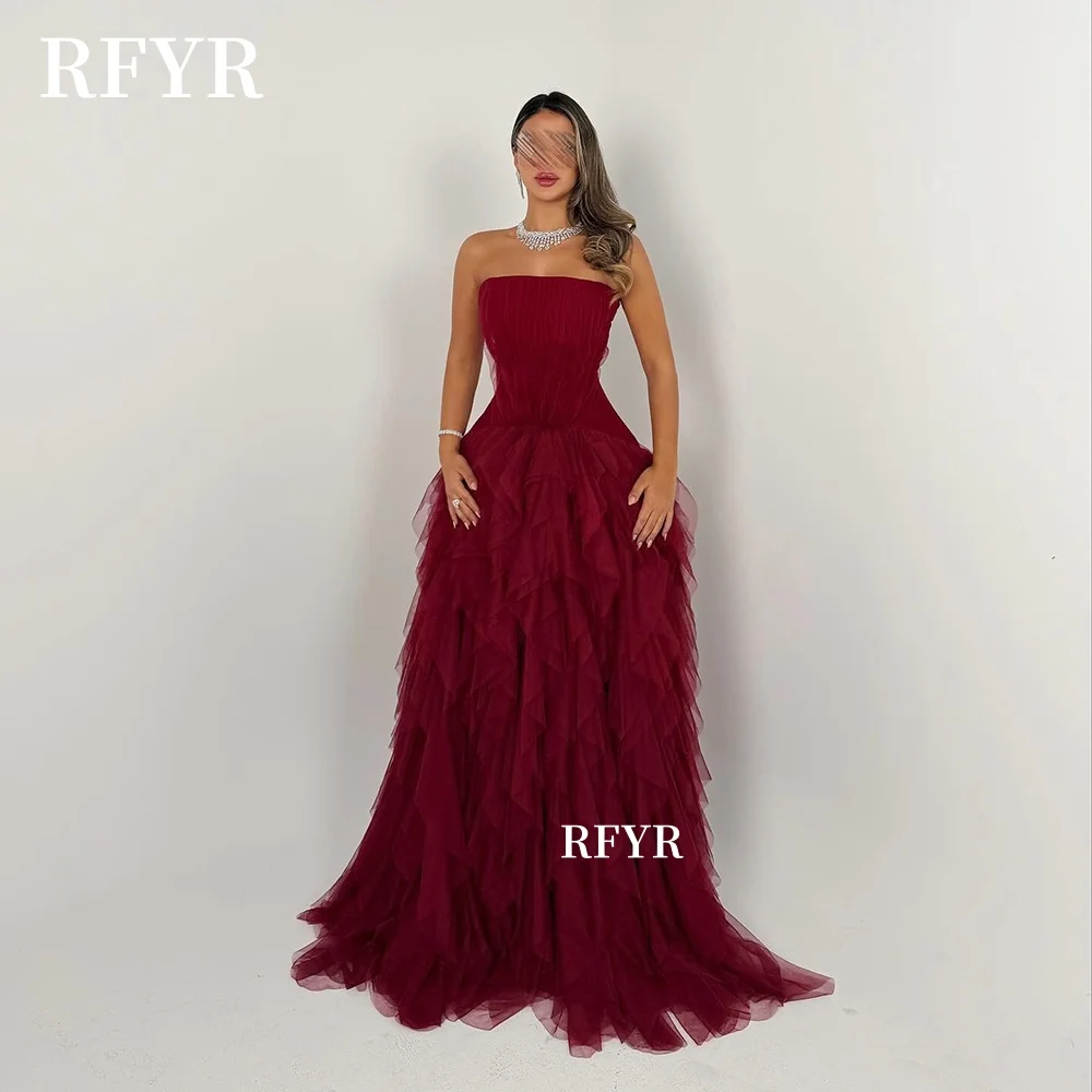 

RFYR Strapless Evening Dress A Line Straps Party Dress with Ruffles Robe De Mariée Party Gown for Arabic Women Customized