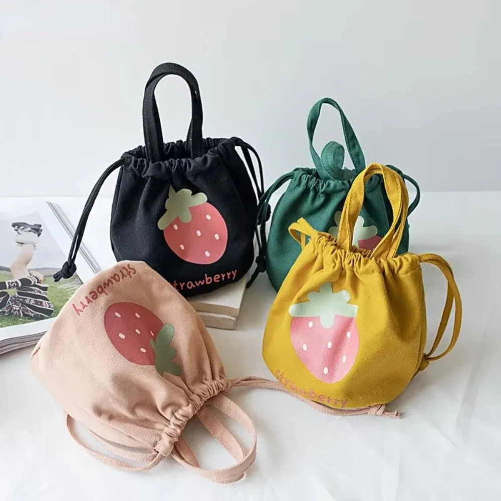

Mini Canvas Drawstring Bag Female Cartoon Strawberry Handbag Bucket Bag Lunch Box Small Cloth Bag Women Tote Food Bags