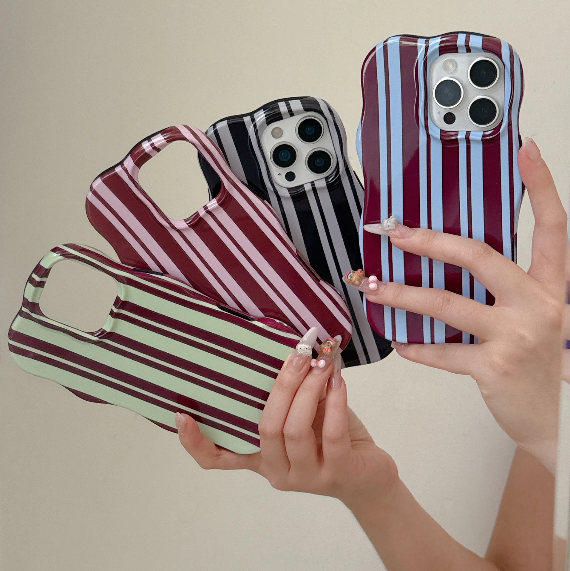 

2 in 1 Color Collision Stripes Splicing Shockproof Phone Case for iPhone 13 14 15 16 Pro Max Wave Edges Comfortable Touch Cover