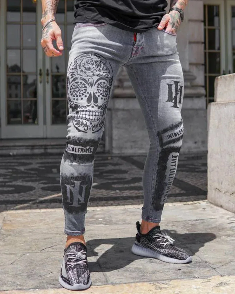 Men Skull Jeans Hip Hop Pants sping Letter Printed Gray Skinny elasticity Pencil Jeans homme Causal  grey Denim Pants Streetwear