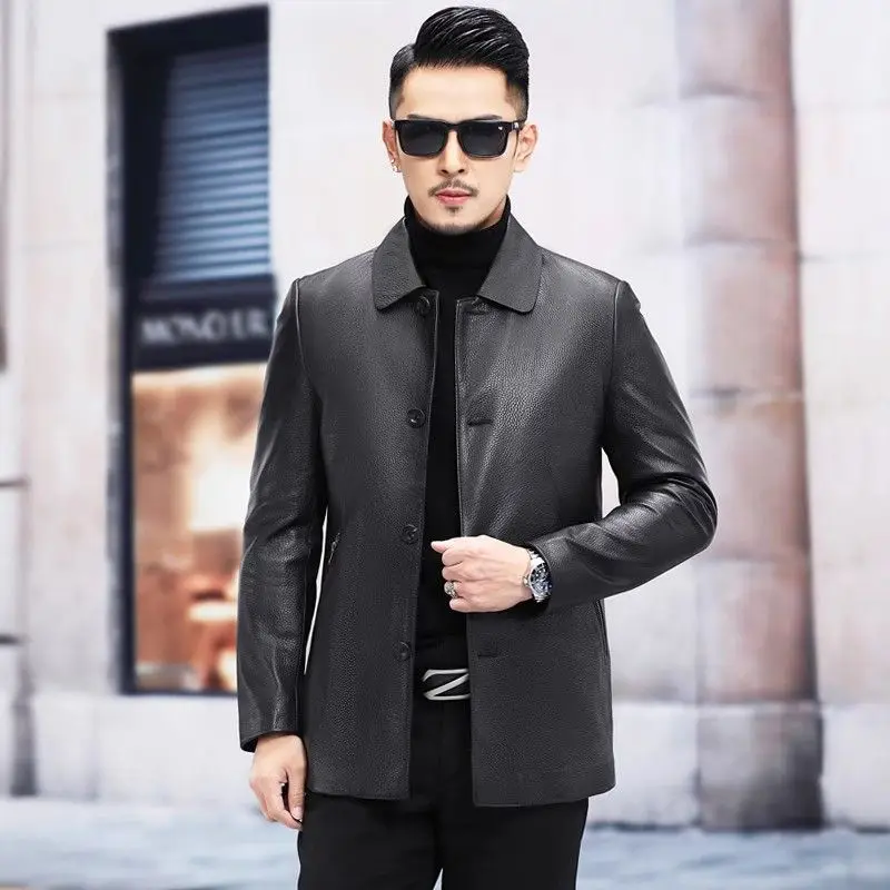 

2023 Men Autumn Winter Fashion Genuine Leather Casual Jackets Men Natural Sheepskin Coats Male Slim Fit Lapel Overcoats F364