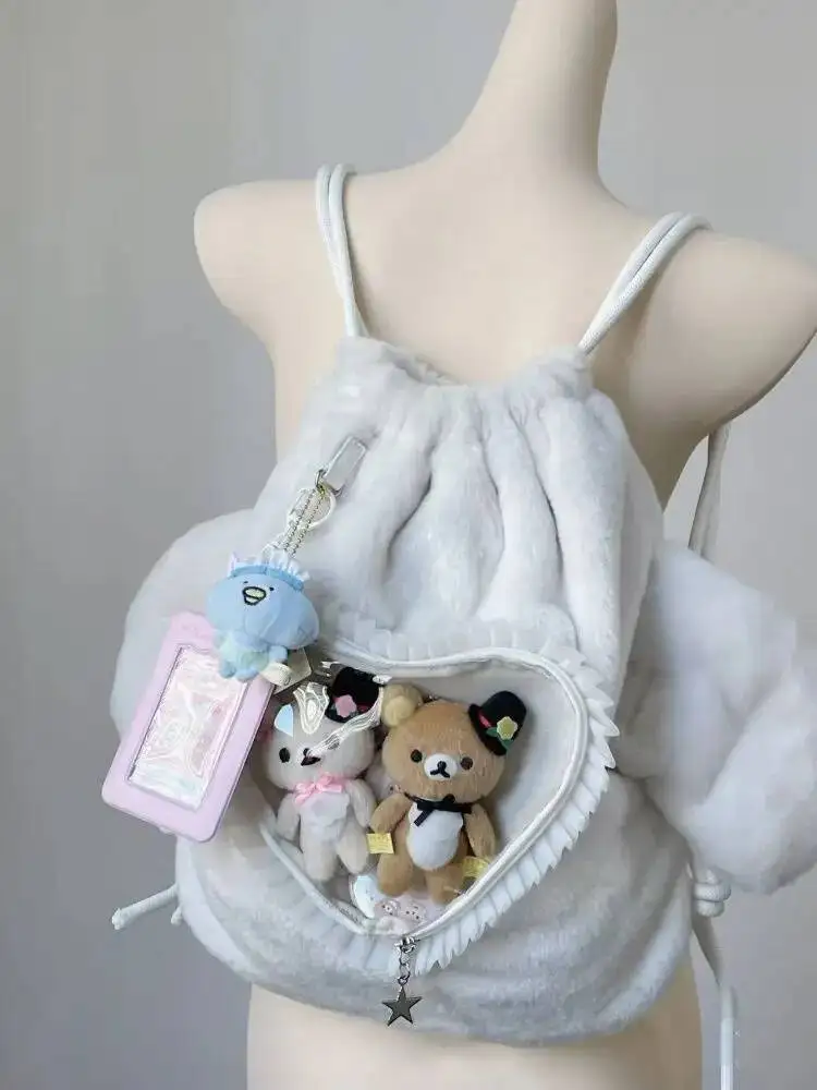 Bloom Plush Angel Wing Black Ita Bag Backpack Women Haruku Aesthetic String Y2k Backpacks Ladies Sweet Cute Heart Mochila