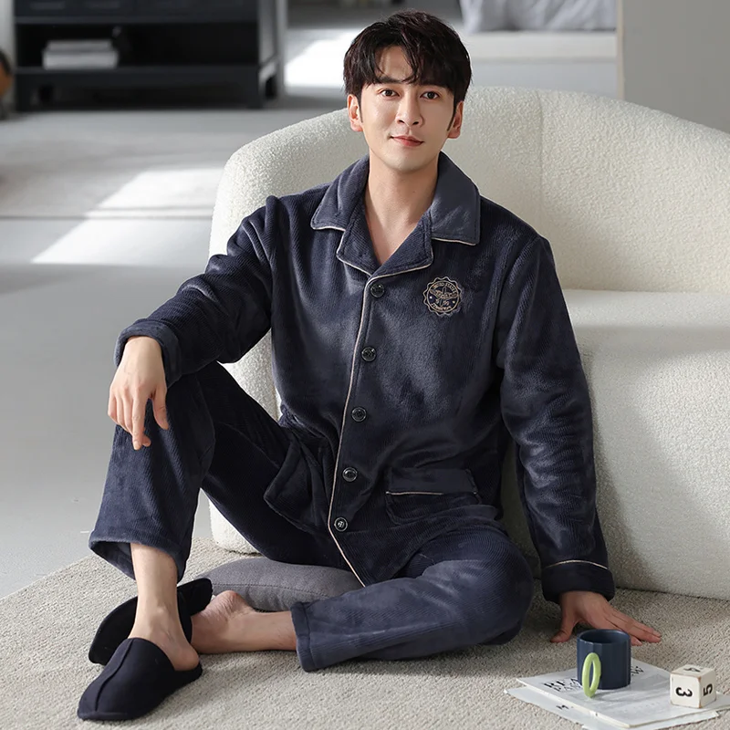 Newest M-4XL Men Pajamas Set Winter Thick Warm Flannel Pyjama Male Sleepwear Casual Pyjama