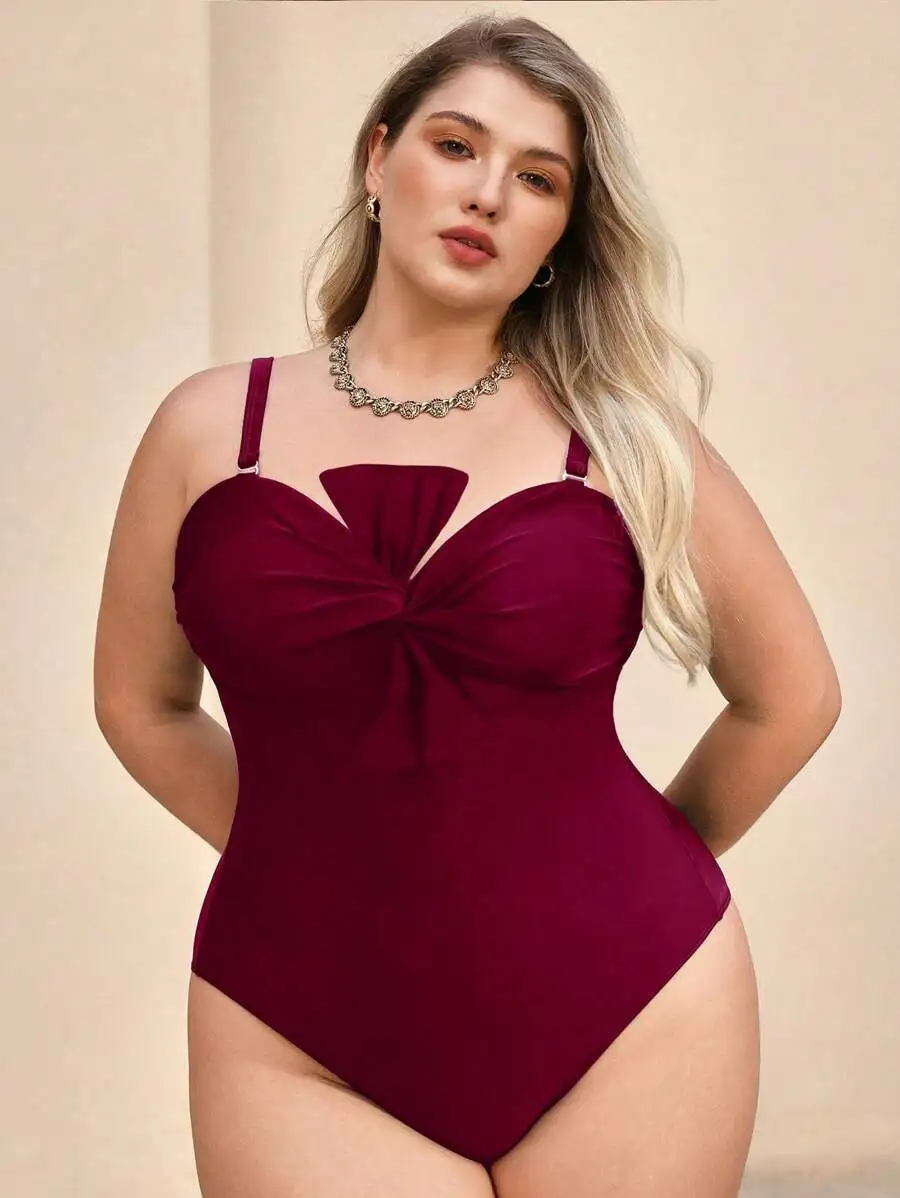 

Plus Size Women Solid Color One Piece Swimsuit With Twist Front Design
