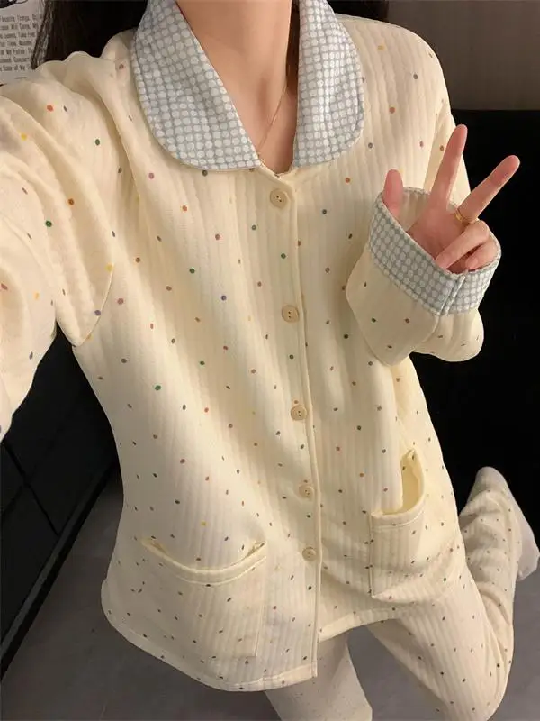 Sweet Doll Collar Layered Sleepwear Women's Thickened Air Cotton Home Clothes Autumn Winter Korean Style Polka Dot Warmth